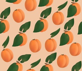 Apricot drawn  seamless pattern. Fruit retro background. Summer print