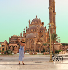young girl on the background of the El Mustafa Mosque in the Old City of Egypt. Travel to egypt...