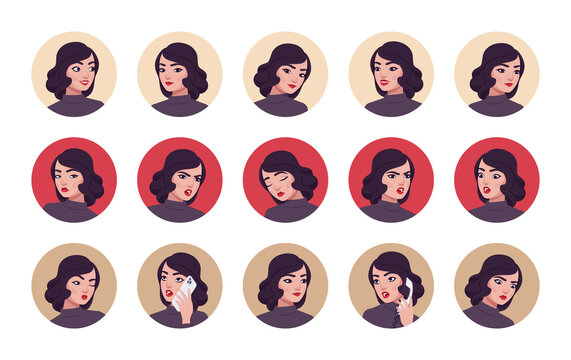 Pretty brunette girl, woman portrait set, businesswoman, female business bundle. Different emotions face icons, character pic. Vector flat style cartoon avatar circle set isolated on white background