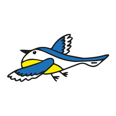 Hand-drawn black vector illustration of one blue and yellow tit bird is flying on a white background