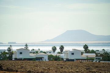 Buildings and houses typical of the island of Lanzarote in the Canary Islands, overlooking the...