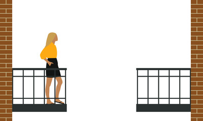 A young female character stands on a balcony and looks at the opposite empty balcony on a white background