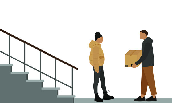 A male character with a cardboard box in their hands and a female character are standing near the stairs on a white background