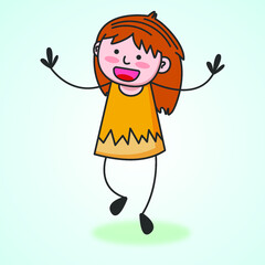 Hand drawing cute girls cartoon with happy expression on a blue sky background.