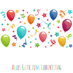 birthday greetings banner with balloons, confetti and streamers