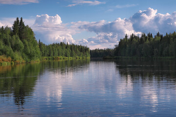 View of Tumcha river on sunny summer day. Murmansk Oblast, Russia.