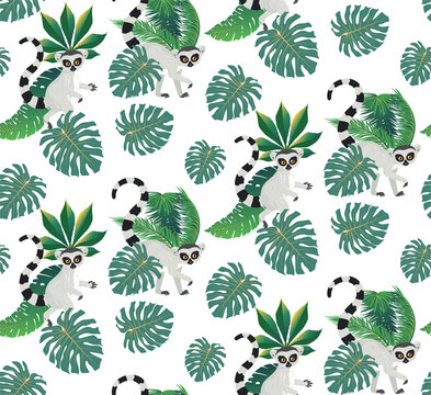 Lemur and tropic leaves pattern © AnnaPa