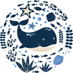 Obraz premium Cute whale, seashells, fish, starfish on a white background. Flat vector illustration.