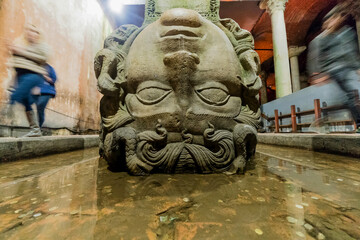 The inverted Medusa statue in the underground palace in Istanbul （Basilica Cistern）