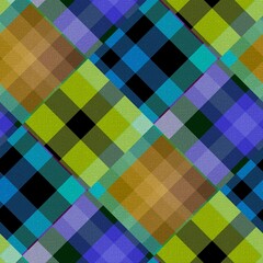 Diagonal madras patchwork plaid cotton pattern. Seamless quilting fabric effect linen check background.  - obrazy, fototapety, plakaty