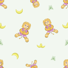 Seamless pattern imaging smiling colorful lion cube sitting with a banana in paws, few grass and some bananas.