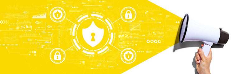 Cyber security theme with hand holding a white megaphone