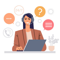 Young woman in headphones with laptop isolated on white background. Customer support operator. Smiling employee. Customer service, hotline operators, global technical support. Vector.