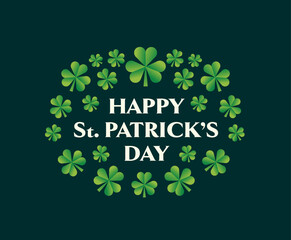  Saint Patrick's Day greetings card with clover shapes vector on dark green background. Happy St. Patrick's day design. 