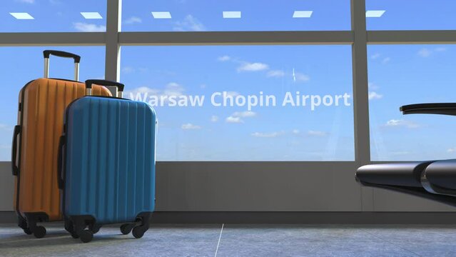 Terminal and commercial airplane revealing Warsaw chopin airport text