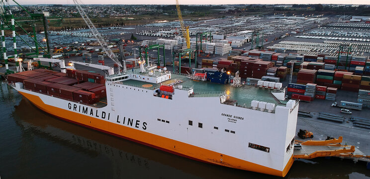 Zarate, Argentina - 22 September 2020: Big roro carrier ship linZarate port during cargo operation