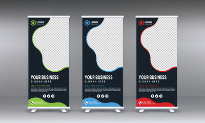Corporate rollup banner set, pull up, business flyer, display, advertisement, x-banner, and flag-banner Set for your business, company, and restaurant with blue, red, and green color