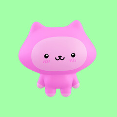Funny little kawaii character. Cartoon pink kitty 3d render illustration on green backdrop