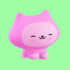 Funny little kawaii character. Cartoon pink kitty 3d render illustration on green backdrop