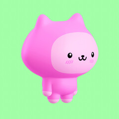 Funny little kawaii character. Cartoon pink kitty 3d render illustration on green backdrop