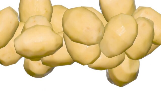 Peeled Potatoes in a Jump on White. Three variants of freshly peeled and washed potato tubers flying up and slowly falling on a white background. Slow Motion