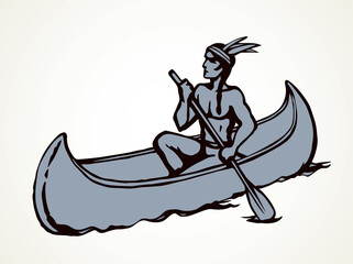 Native American in a canoe. Vector drawing