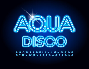 Vector bright flyer Aqua Disco. Blue glowing Font. Set of neon Alphabet Letters and Numbers