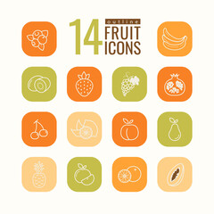 Heathy food icons color vector set for app and infographic. Fruit outline menu icons.