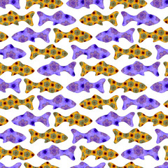 Colorful cute floral sardine festival fish seamless pattern. Stylised watercolor flower patterned fishes effect. Playful summer food party background. Whimsical Lisbon hand drawn food festival design.