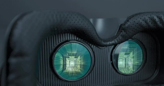 Slow pan over virtual augmented reality headset with hacking code download cyberspace metaverse animation