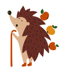 Hedgehog with apples in cartoon style on a white background. Vector illustration.