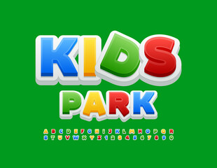 Vector creative sign Kids Park. Funny colorful Font. Bright set of cute Alphabet Letters and Numbers