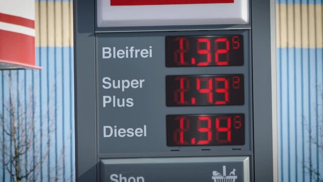 Display of fuel prices for cars at gas station are constantly increasing. Gas price crisis, petrol, diesel