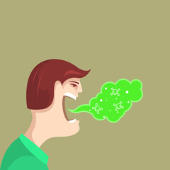 Halitosis, bad breath, talking man with stink from mouth, very bad breath, oral care  hygiene, vector