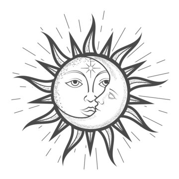 Crescent moon inside sun with a face, magical astrology and celestial alchemy, zodiac sign, tarot, device of the universe, esoteric symbol, vector
