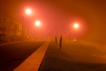 Foggy dawn in a residential area of Guatemala, public lighting and urban space.