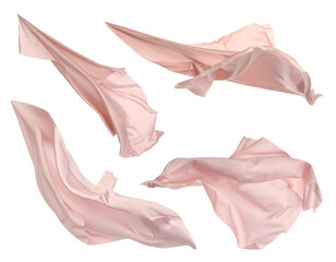 Set with beautiful delicate pale pink silk floating on white background
