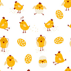 Seamless pattern with  yellow chicks. Vector illustrations