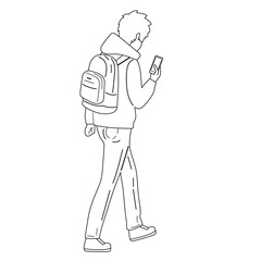 Guy traveler with a backpack. Uses the navigator on the phone. Hiking. Vector black and white illustration.