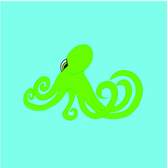 Green octopus on the light blue background