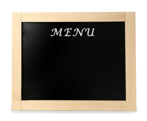 Black chalkboard with word Menu on white background. Mockup for design