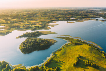 Braslaw Or Braslau, Vitebsk Voblast, Belarus. Aerial View Of Nedrava Lake. Landscape In Sunny Morning. Top View Of Beautiful European Nature From High Attitude. Bird's Eye View. Famous Lakes. Natural