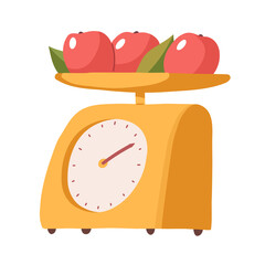 Kitchen scales are yellow. Red, ripe apples. Vector illustration in a flat cartoon style.