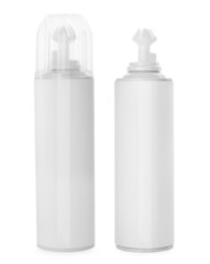 Bottles of delicious whipped cream on white background
