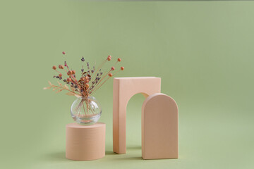 Beige geometric shapes on a green dull background with a vase of dried flowers with a place for text and design. Minimalistic composition of beige geometric shapes of the arch, cube. 