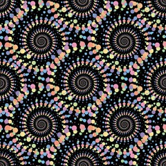 Obraz premium Rainbow pastel abstract mandala halftone seamless pattern on the black background. Vector illustration.