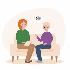 Cartoon illustration of psychotherapy practice therapy session. Treatment of stress, addictions and mental problems.Man and psychologist on sofa