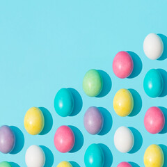 Trendy colorful vibrant Easter eggs pattern on bright blue background. Minimal Easter concept. Creative food flat lay composition.