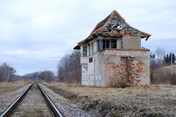Fototapeta na wymiar Ruined building of the railway station in Solobity, Warmia, Poland