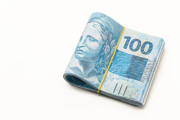 100 reais bills, brazil money, large bundle of banknotes, grand prize or reward